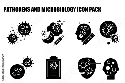 Pathogens and Microbiology Icon Set with various diagnostic and research elements. Illustrations of different stages of disease and research.