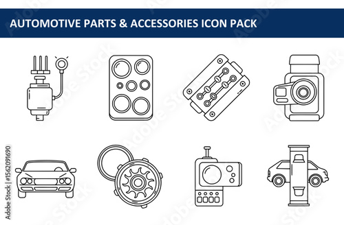 Automotive parts and accessories icons in a simple line art style. Various components are presented in a flat design for an automotive parts catalog or repair manual.