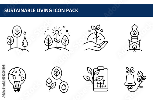 Sustainable living icon pack showcasing nature-based solutions for a better world. Collection of diverse ecological icons for environmentally conscious design or editorial use.
