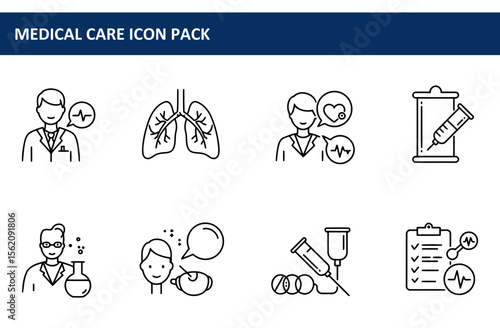 Medical care icons in a healthcare setting. Doctors, lungs, syringes, and patient records displayed as simple line icons.