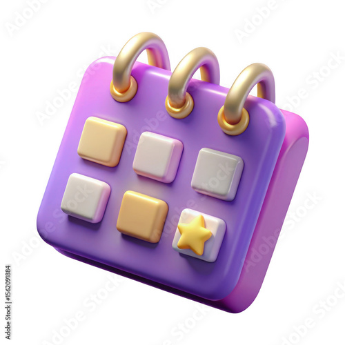3d cute purple calendar icon with star isolated on transparent background