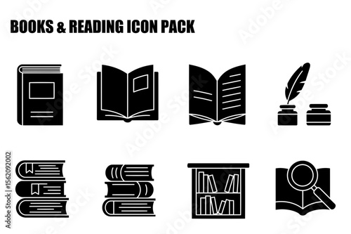 Black and white book and reading icons. Collection of simple, flat vector illustrations of books, open books, stacks of books, a bookshelf, a pen and inkwell, and a book with a magnifying glass.