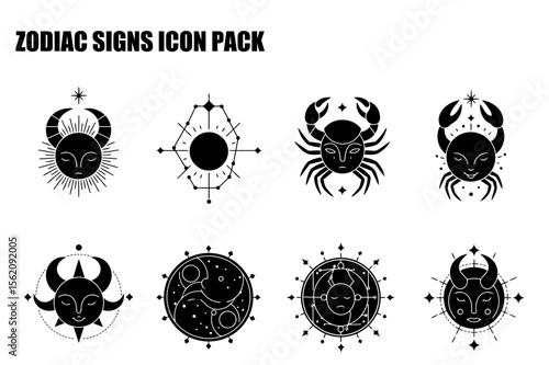 Zodiac signs icons in stylized, minimalist design. Abstract zodiac symbols with celestial elements in a flat vector illustration. Various zodiac signs in a graphic design template.
