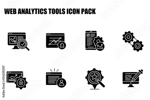 Web analytics tools icon pack showcasing various tools for analysis, optimization, and management in a simple, modern style.