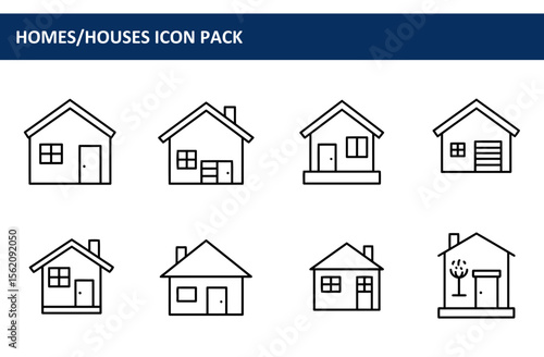 Line drawings of various house styles in a simple design. Simple house icons for use in web design or app development.