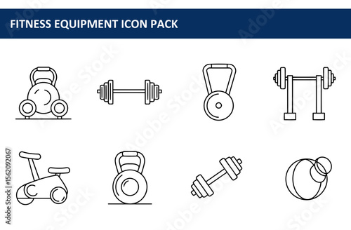 Fitness equipment icons in a gym setting. Simple, black and white line drawings of kettlebells, barbells, dumbbells, exercise bike and medicine ball.