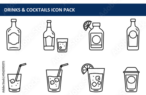 Drinks and cocktails icon pack showing various beverage containers and glasses with ice.