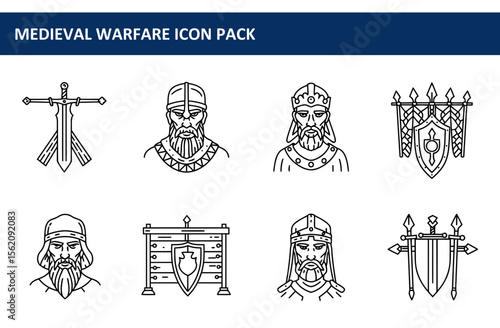 Medieval Warfare Icon Pack. Illustrations of warriors and armaments in a historical setting.