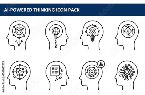 AI-powered thinking icon pack showcasing diverse conceptualizations of brain function in a minimalist style.