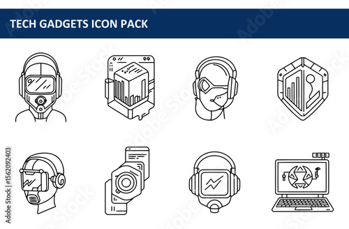 Line art collection of futuristic tech gadgets worn by unidentified individuals in a variety of settings.