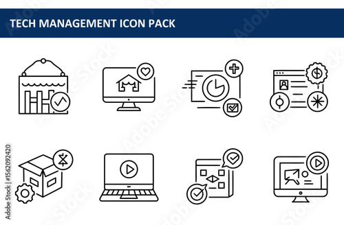 Line art icons depicting various technology management functions in a clean, modern style.