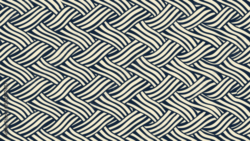 Cream and dark blue interwoven wavy lines seamless abstract pattern background texture