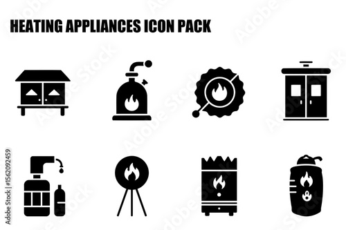 Heating appliances icon set with various types of home heating equipment. Black and white icons for different types of heating appliances displayed in a grid format.