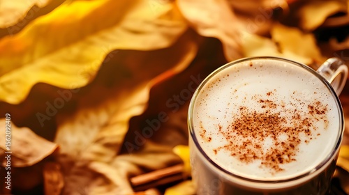 A warm autumnal beverage; a delicious mocha latte topped with cinnamon and led amongst vibrant yellow and orange fallen leaves provides a cozy fall scene perfect for seasonal