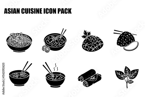 Asian cuisine icons with bowls of noodles, soup, rice, and spring rolls. Simplified illustrations of various dishes in a collection.