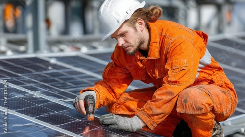 Worker in orange overalls repairing solar panels on a rooftop under a clear blue sky