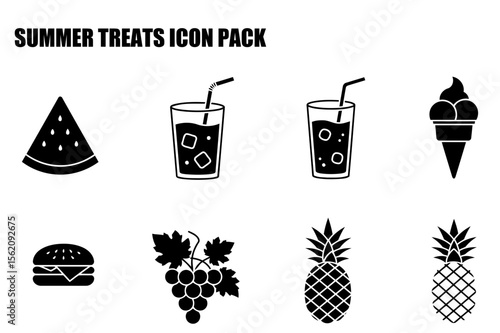 Summer treats icon pack featuring watermelon, juice, ice cream, burger, grapes, and pineapple. Collection of simple, black and white illustrations of summer food and drinks.