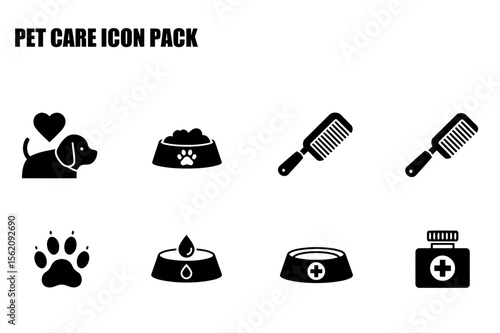 Pet care icon set depicting various supplies for dogs in a simple, black and white design.