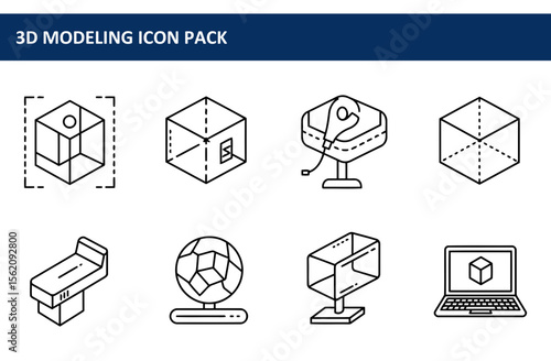3D Modeling Icon Pack showcasing various 3D modeling tools in a professional, technical illustration style.