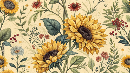 Digital seamless floral pattern illustration. Sunflowers yellow background for printing on fabric, clothing,wallpaper.