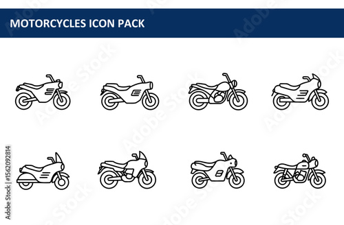 Motorcycles icon pack featuring various models in a side profile view. Simple line art illustrations of different motorcycle types.