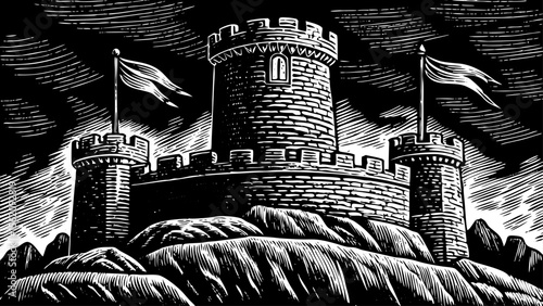 medieval hilltop castle with billowing banners and stone towers, perfect for fantasy game logos, history magazines, poster art or sleeve tattoos, a black and white line art illustration