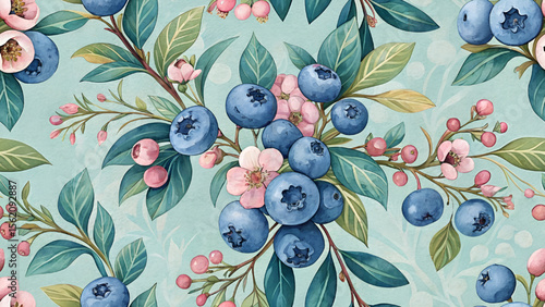 Seamless floral pattern illustration of blueberries. Pastel blue background for printing on fabric,
