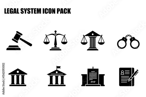 Legal system icons with various elements in a flat design style. Simple illustrations of a gavel, scales of justice, columns, and handcuffs depict the judicial and legal fields.
