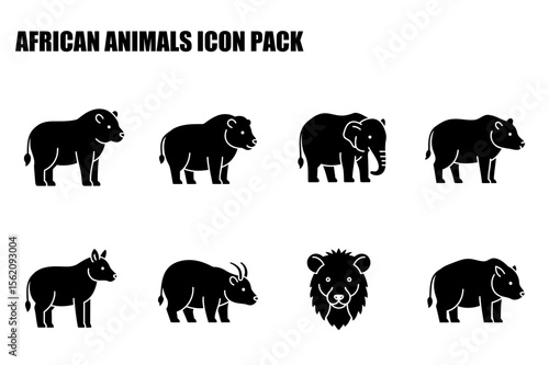 African animal icons in silhouette format. Simple, stylized representations of various African animals in profile view.