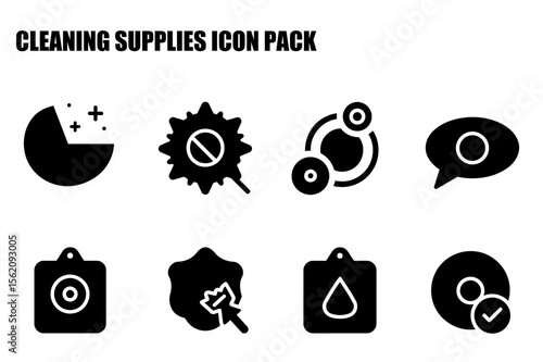 Cleaning supplies icons set for graphic design use. Flat design icons with no people present show various cleaning product elements.