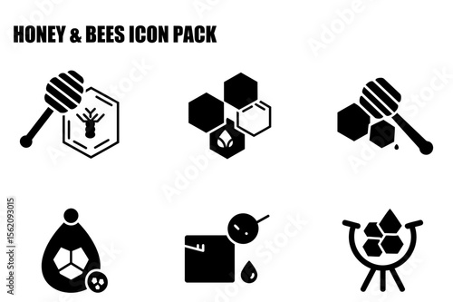 Honey and bees icon pack with various representations of honey, honeycombs, bees, and honey production methods. Collection of graphic elements showcasing honey and beekeeping process.