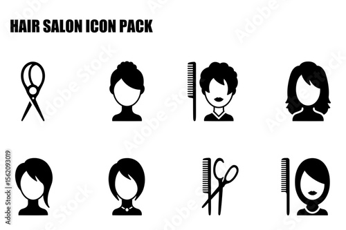 Hair salon icon pack featuring various hairstyles and tools. Stylist and client icons displayed in a professional hair salon setting.