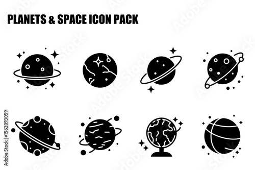 Planets and space icons in a flat style. Simple, vector-graphic representation of planets with orbiting rings and stars, and a globe on a stand.