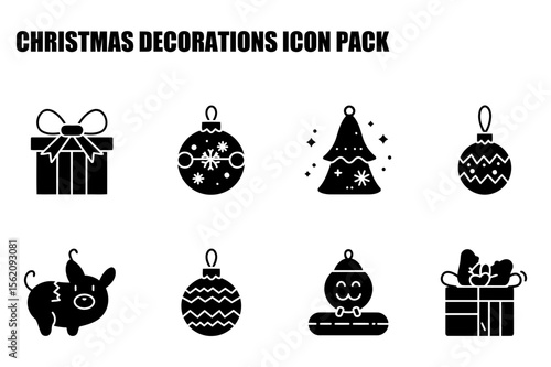 Christmas decoration icons with various festive motifs. A collection of black and white Christmas icons featuring gifts, ornaments, trees, and pigs in a flat design style.