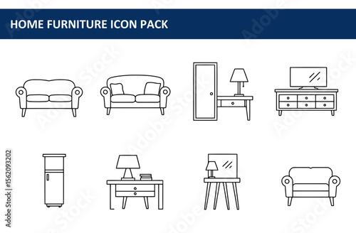 Line art illustrations of various home furniture items. Simple, modern designs of sofas, side tables, dressers, and more.