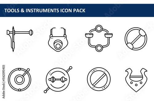 Line art illustration of tools and instruments with a flat design style. Simple, graphic icons of tools, equipment, or devices with a detailed presentation for a tools and instruments icon pack.