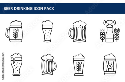 Beer drinking icon pack showcasing various beer styles in different vessels. Simple, line art icons display a variety of beer glasses, mugs, and barrels, along with wheat and a tap.