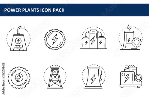 Power plants icon collection with various facility types, set against a plain background. Simple line illustrations of different power plant structures in various styles.