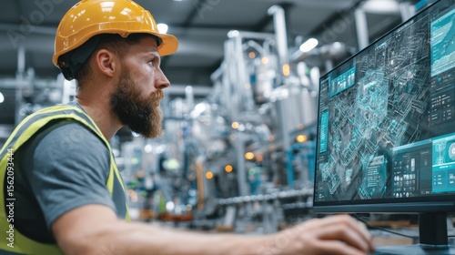 Worker in safety gear analyzing data on a computer screen in a modern industrial facility