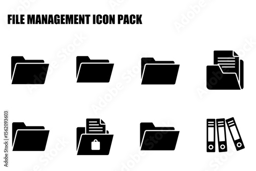 File management icon pack showcasing various file folders and binders. Simple, vector graphic icons displaying different folder configurations and content.