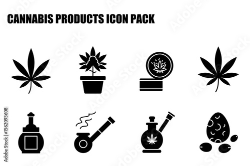 Cannabis products icon set. Collection of simple, stylized icons depicting various cannabis products in a flat design.