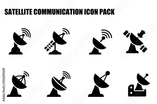 Satellite communication icons depicting various antenna designs in a flat vector style. Simple representations of satellite dishes and related equipment for communication purposes.