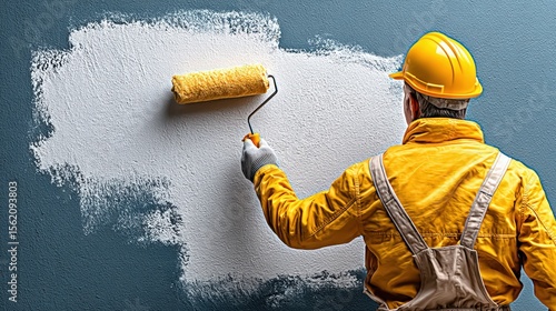 Worker painting a wall with a roller in a room, showcasing renovation and creativity