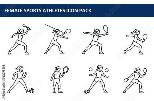 Female athletes in various sports poses, wearing athletic attire, engaged in activities like throwing, playing tennis, and kicking a soccer ball.