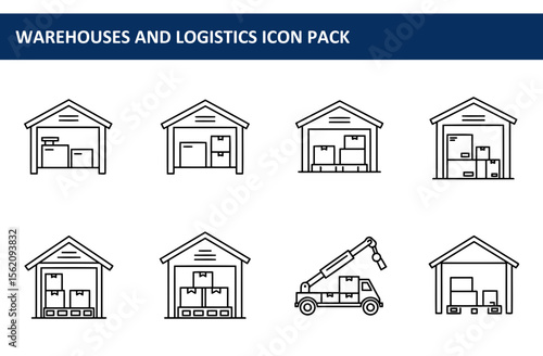 Warehouse exterior line art illustrations with various loading and unloading scenes. Warehouse facility exterior views with boxes and pallet storage.