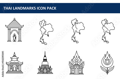 Thai landmarks icon pack. Outline illustrations of historical sites and maps of Thailand.