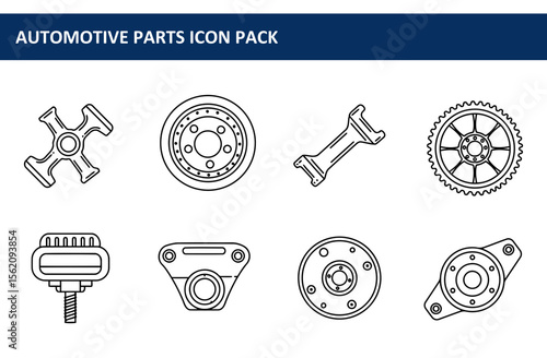 Automotive parts icons in a technical drawing style, depicting various components.