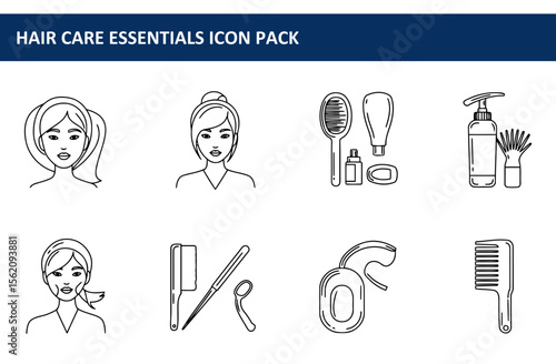 Hair care essentials icon pack featuring Asian women with various hairstyles and hair care products.