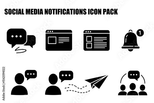 Social media notification icons in a simple, flat style, showing user interactions and alerts. Modern messaging and website notifications for a variety of social media platforms.