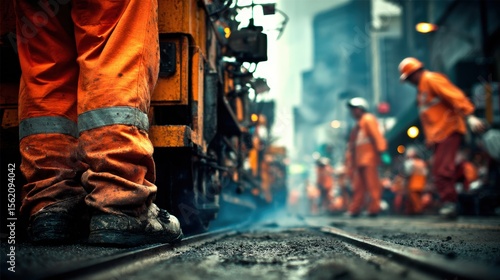 Workers in orange uniforms operating machinery on city streets, with a smoky urban backdrop